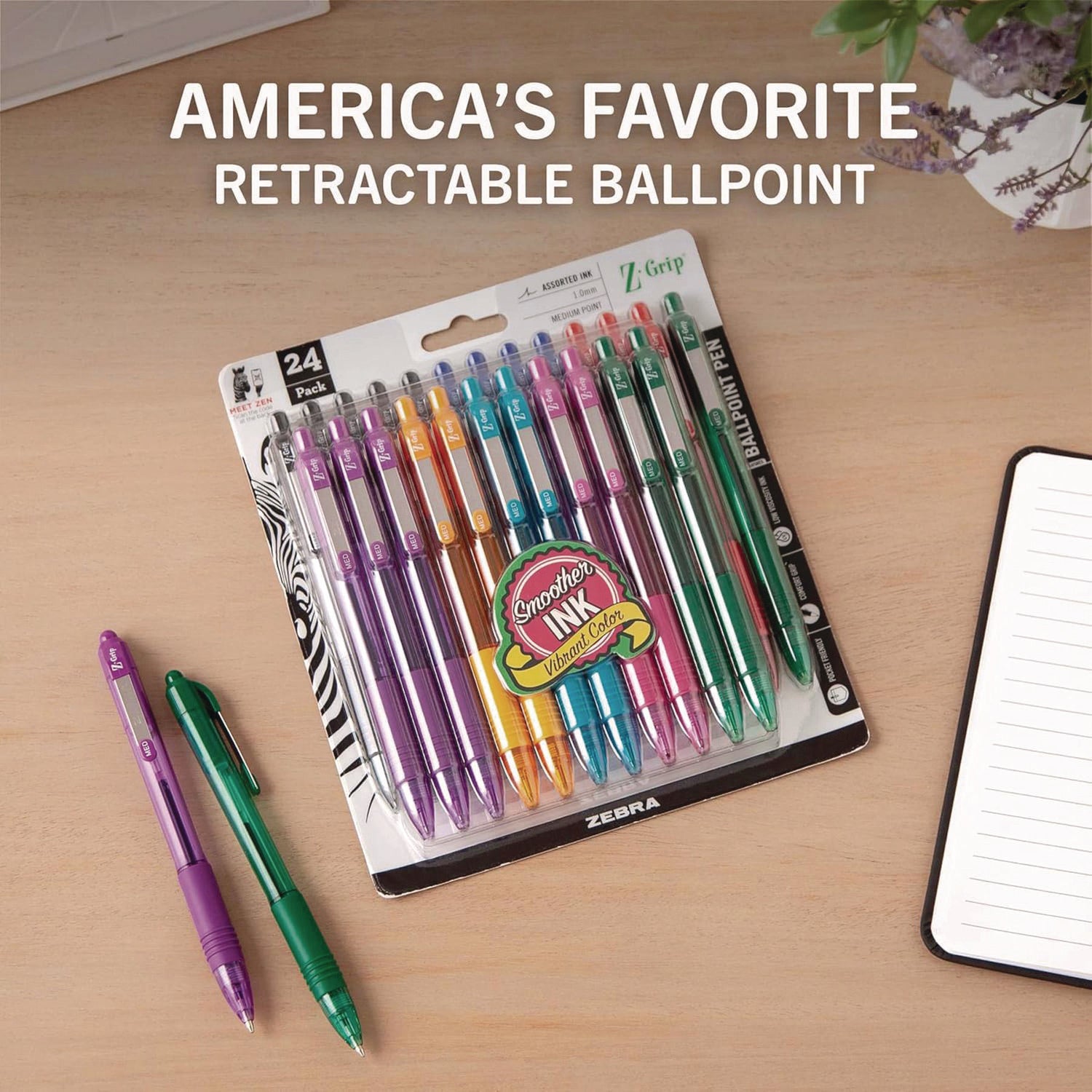 Z-Grip Ballpoint Pen, Retractable, Medium 1 mm, Assorted Business and Artistic Ink Colors, Assorted Barrel Colors, 24/Pack