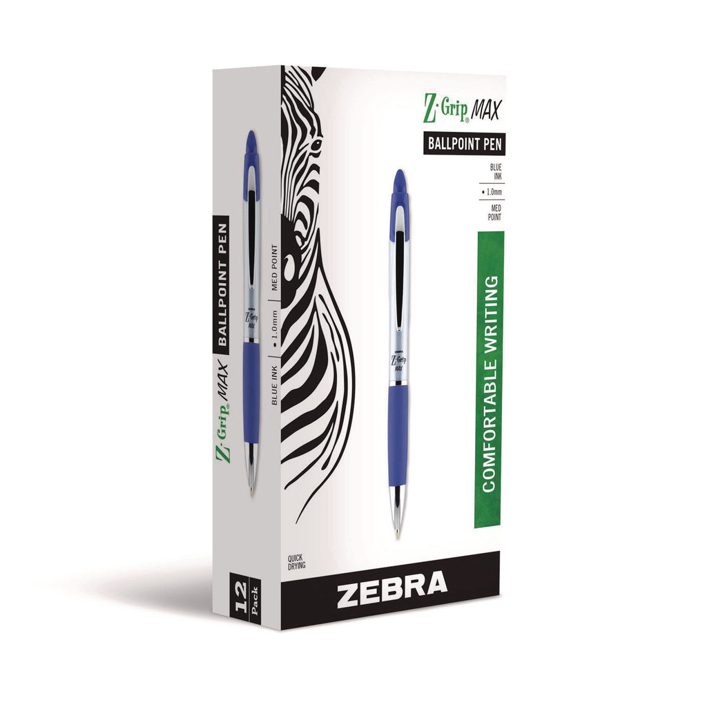 Z-Grip MAX Ballpoint Pen, Retractable, Medium 1 mm, Blue Ink, Silver/Blue Barrel, 12/Pack
