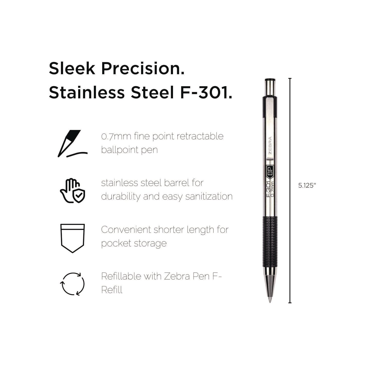 F-301 Ballpoint Pen, Retractable, Fine 0.7 mm, Black Ink, Stainless Steel/Black Barrel