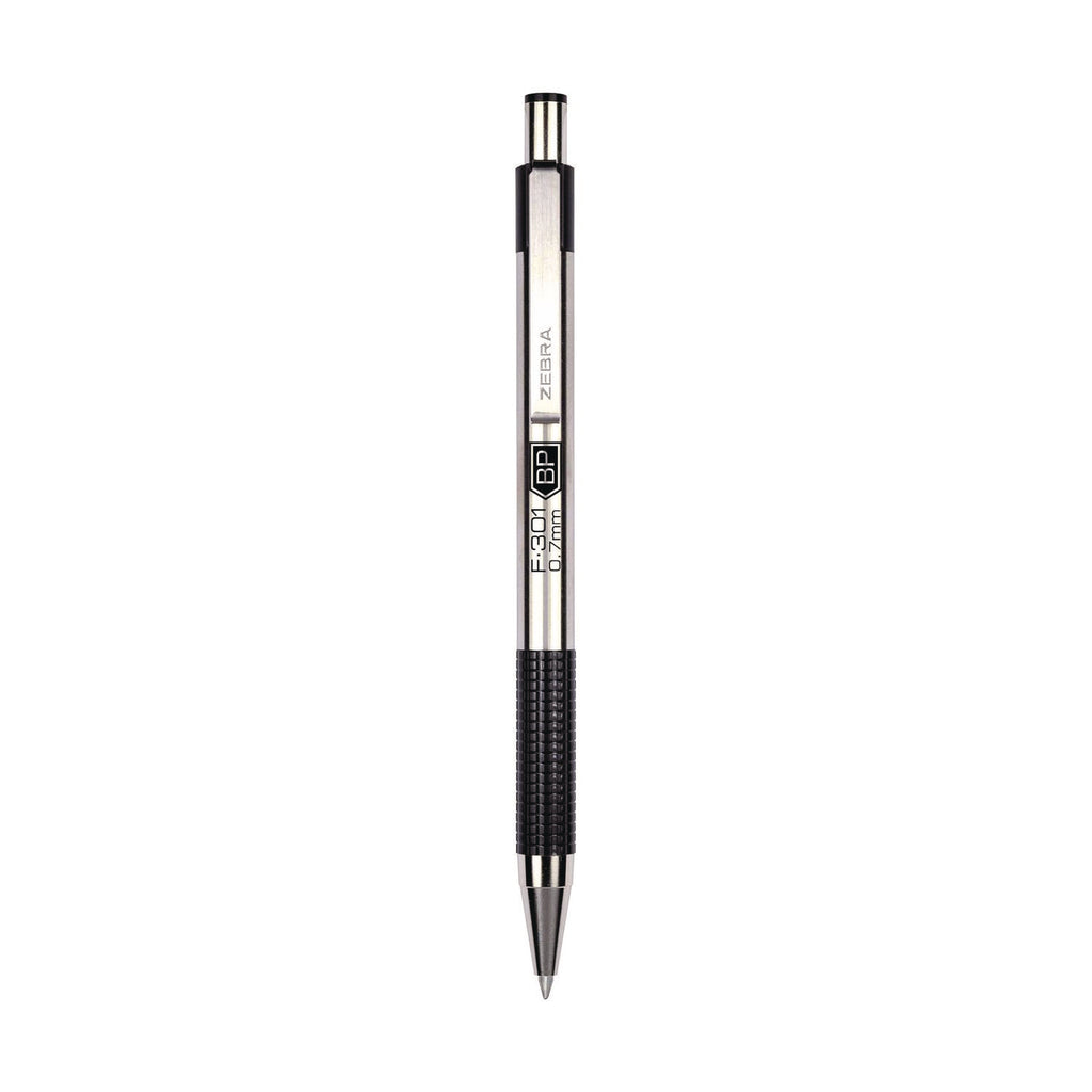 F-301 Ballpoint Pen, Retractable, Fine 0.7 mm, Black Ink, Stainless Steel/Black Barrel