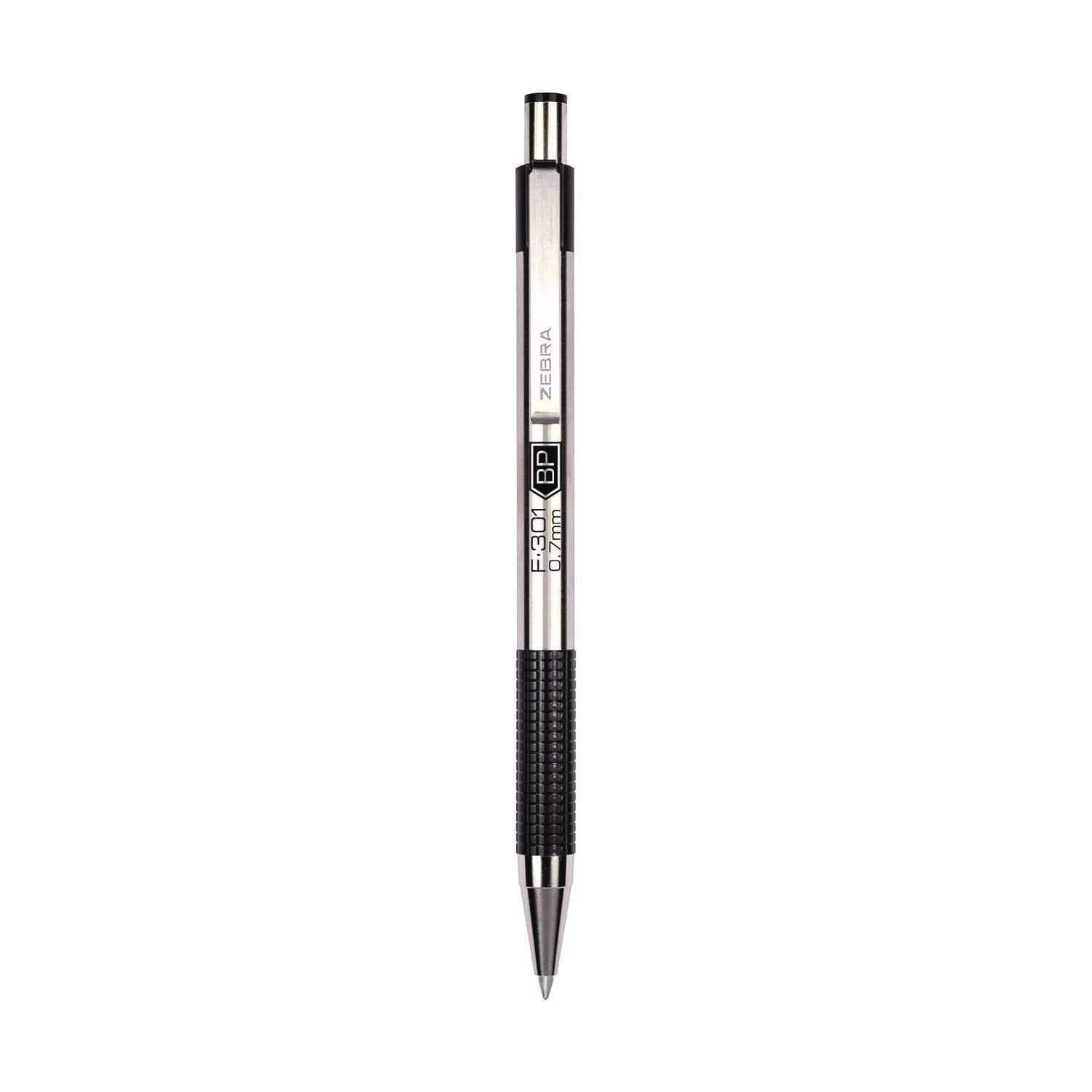 F-301 Ballpoint Pen, Retractable, Fine 0.7 mm, Black Ink, Stainless Steel/Black Barrel