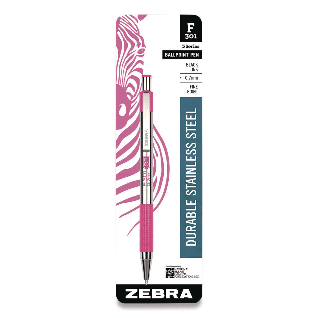 F-301 Ballpoint Pen, Retractable, Fine 0.7 mm, Black Ink, Stainless Steel/Pink Barrel