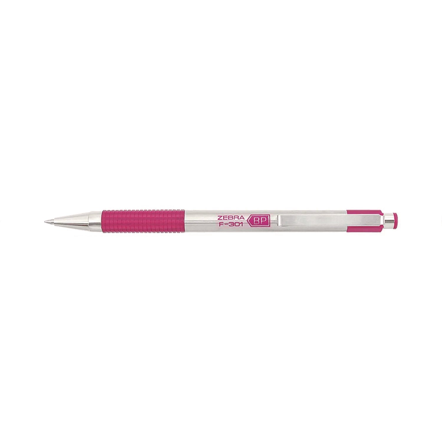 F-301 Ballpoint Pen, Retractable, Fine 0.7 mm, Black Ink, Stainless Steel/Pink Barrel