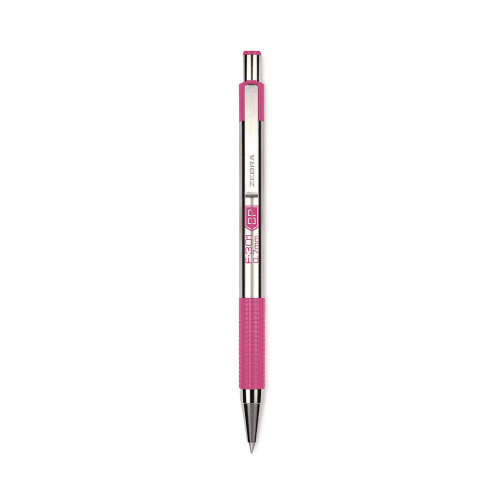 F-301 Ballpoint Pen, Retractable, Fine 0.7 mm, Black Ink, Stainless Steel/Pink Barrel