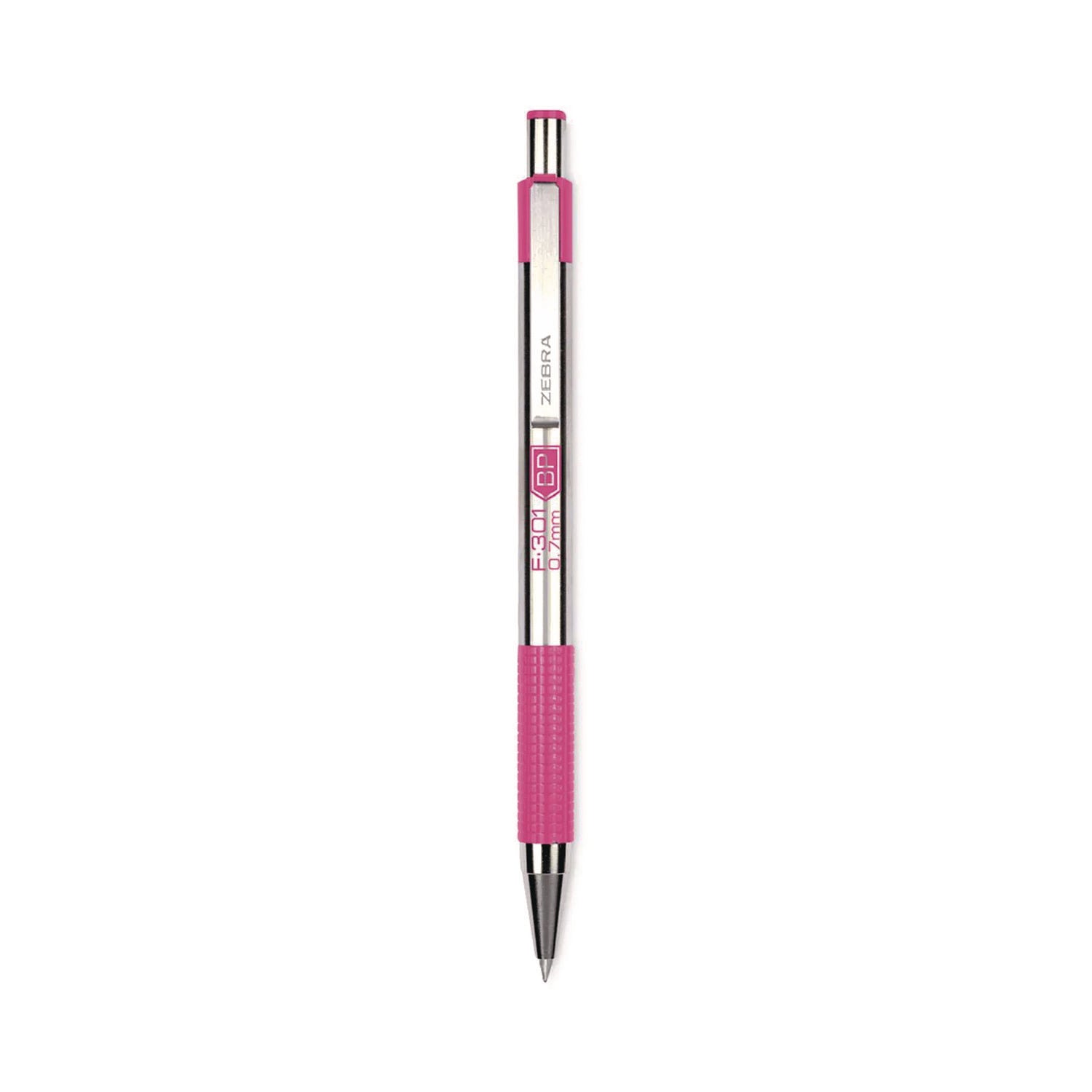 F-301 Ballpoint Pen, Retractable, Fine 0.7 mm, Black Ink, Stainless Steel/Pink Barrel