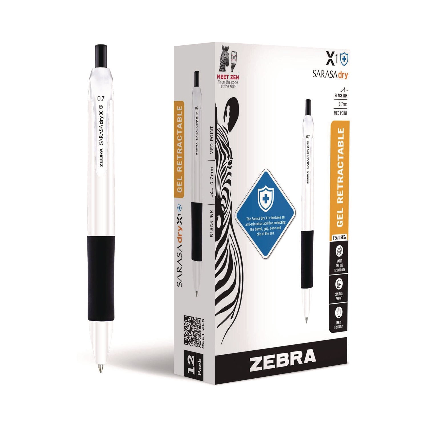 Sarasa Dry X1+ Retractable Gel Pen, Medium 0.7 mm, Black Ink, White/Black Barrel, 12/Pack