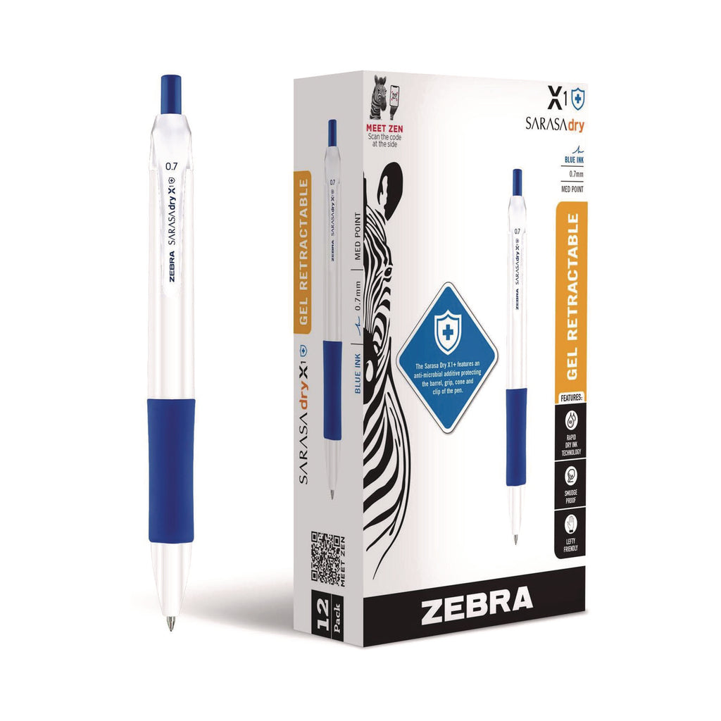 Sarasa Dry X1+ Retractable Gel Pen, Medium 0.7 mm, Blue Ink, White/Blue Barrel, 12/Pack