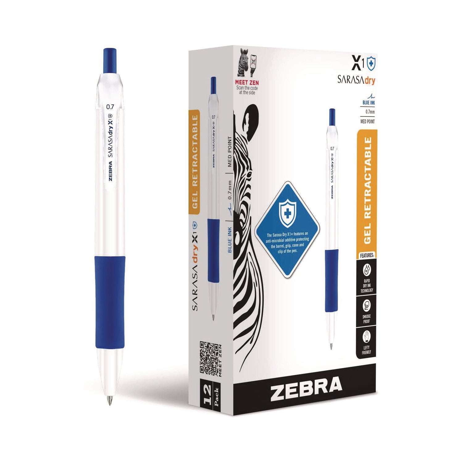 Sarasa Dry X1+ Retractable Gel Pen, Medium 0.7 mm, Blue Ink, White/Blue Barrel, 12/Pack