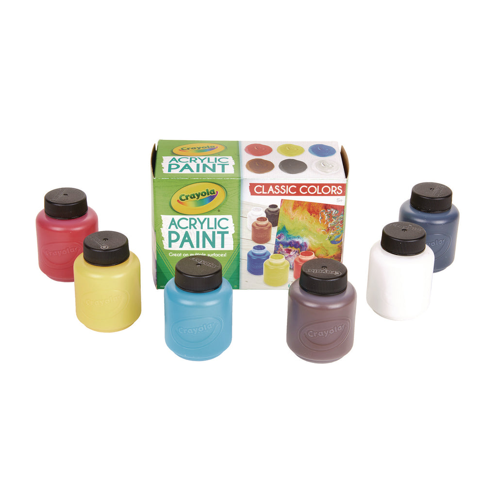 Crayola 6-color Acrylic Paint Set - 2 oz - 6 / Set - Deep Red, Brilliant Yellow, Burnt Umber, Ivory Black, Titanium White, Brilliant Blue
