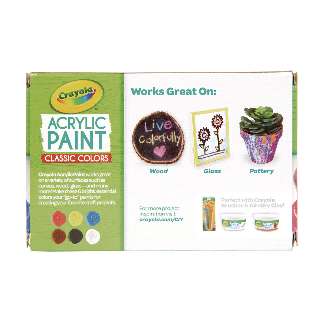 Crayola 6-color Acrylic Paint Set - 2 oz - 6 / Set - Deep Red, Brilliant Yellow, Burnt Umber, Ivory Black, Titanium White, Brilliant Blue