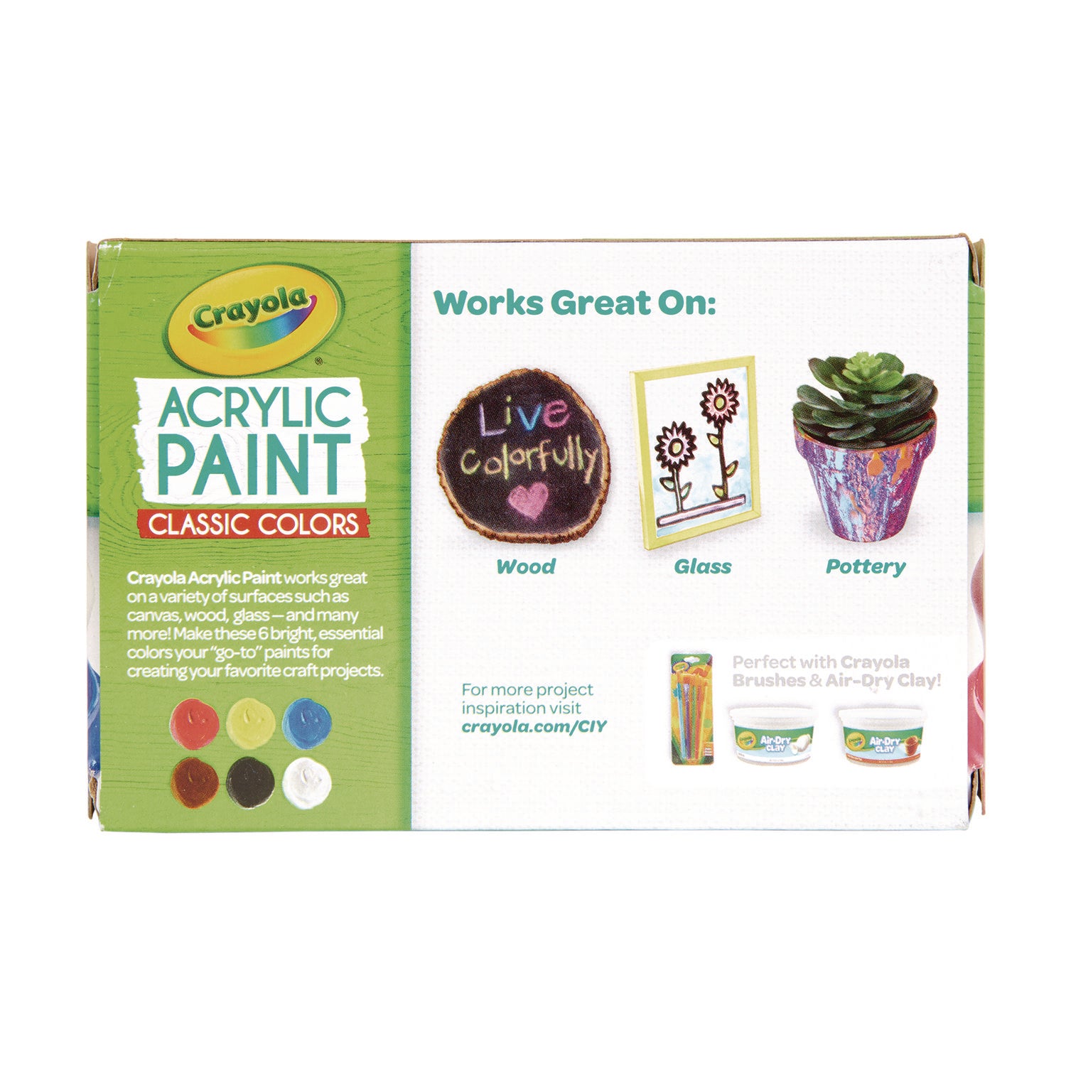 Crayola 6-color Acrylic Paint Set - 2 oz - 6 / Set - Deep Red, Brilliant Yellow, Burnt Umber, Ivory Black, Titanium White, Brilliant Blue