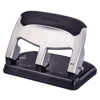 Bostitch EZ Squeeze 40-sheet 3-Hole Punch - 3 Punch Head(s) - 40 Sheet of 20lb Paper - 9/32" Punch Size - 7.4" x 3.1" - Black, Silver