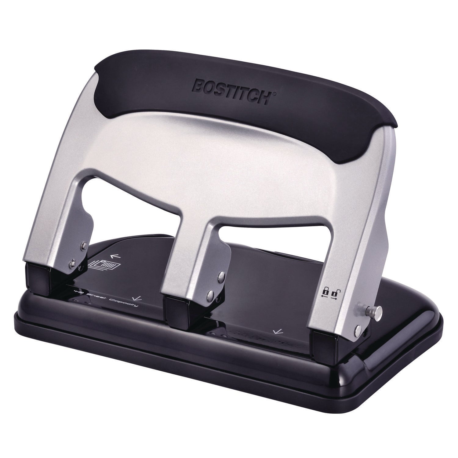 Bostitch EZ Squeeze 40-sheet 3-Hole Punch - 3 Punch Head(s) - 40 Sheet of 20lb Paper - 9/32" Punch Size - 7.4" x 3.1" - Black, Silver