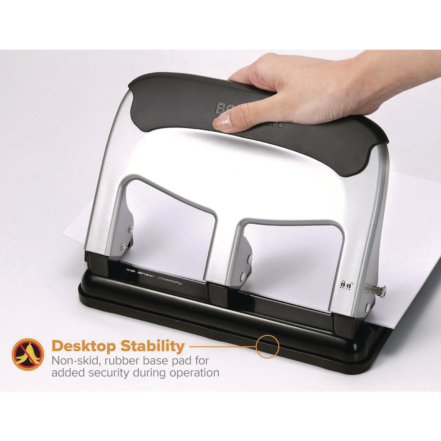 Bostitch EZ Squeeze 40-sheet 3-Hole Punch - 3 Punch Head(s) - 40 Sheet of 20lb Paper - 9/32" Punch Size - 7.4" x 3.1" - Black, Silver