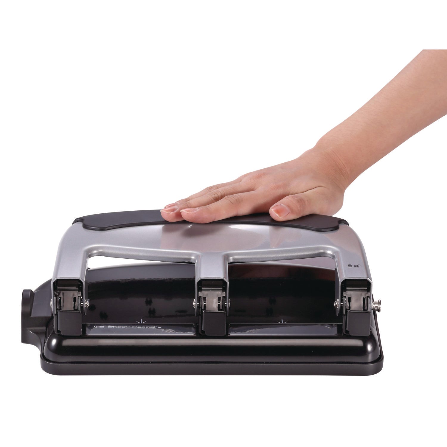 Bostitch EZ Squeeze 40-sheet 3-Hole Punch - 3 Punch Head(s) - 40 Sheet of 20lb Paper - 9/32" Punch Size - 7.4" x 3.1" - Black, Silver