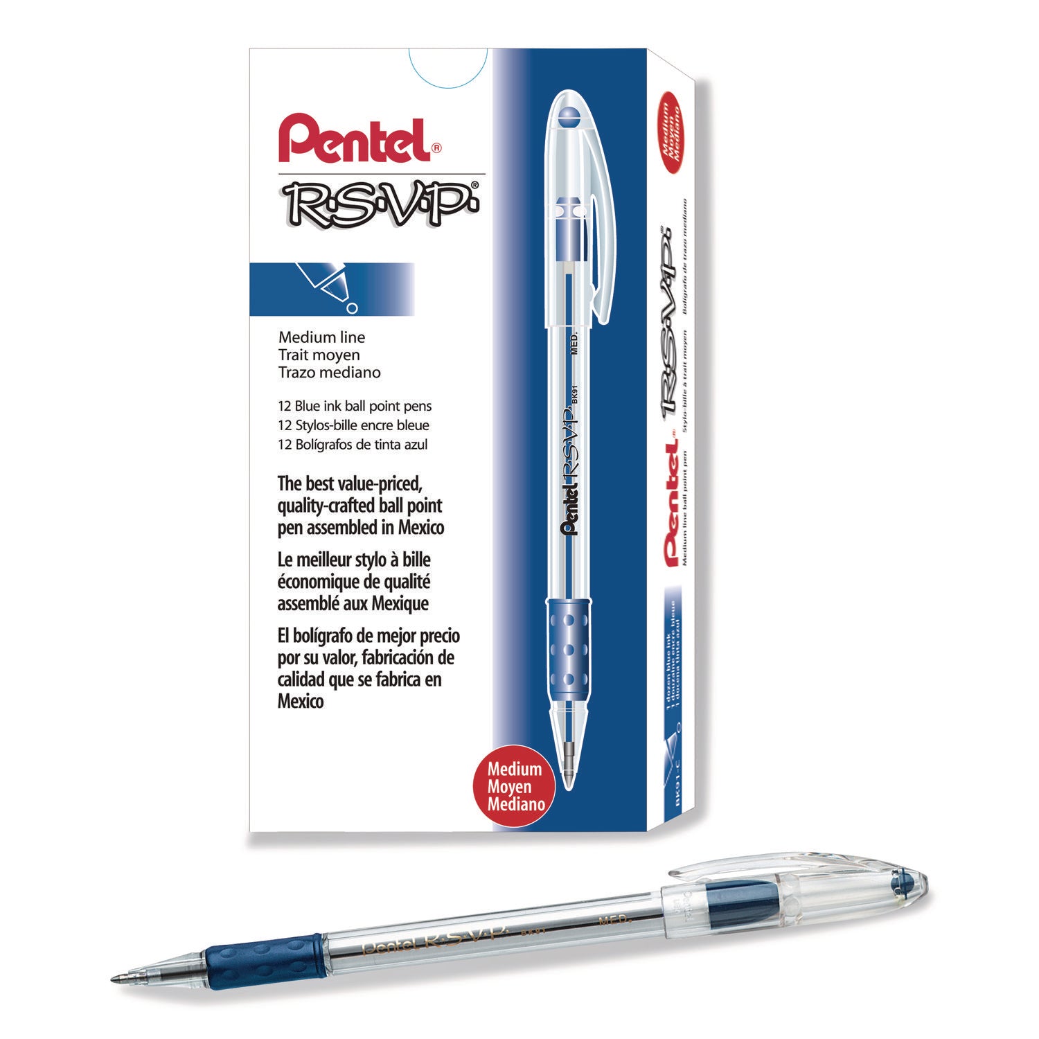 R.S.V.P. Ballpoint Pen, Stick, Medium 1 mm, Blue Ink, Clear/Blue Barrel, Dozen