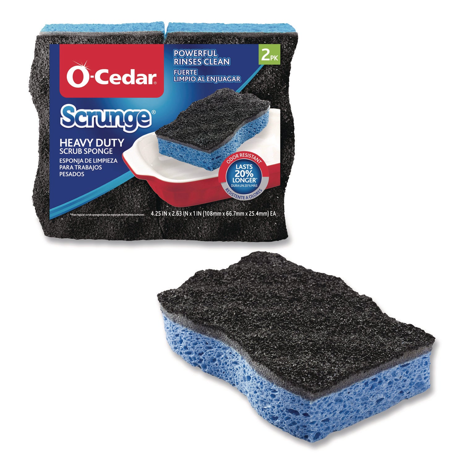 O-Cedar Scrunge Heavy-Duty Scrub Sponge - 4.2" Width x 2.6" Depth x 7.5" Length - 2/Pack - Cellulose - Multi, Blue, Black
