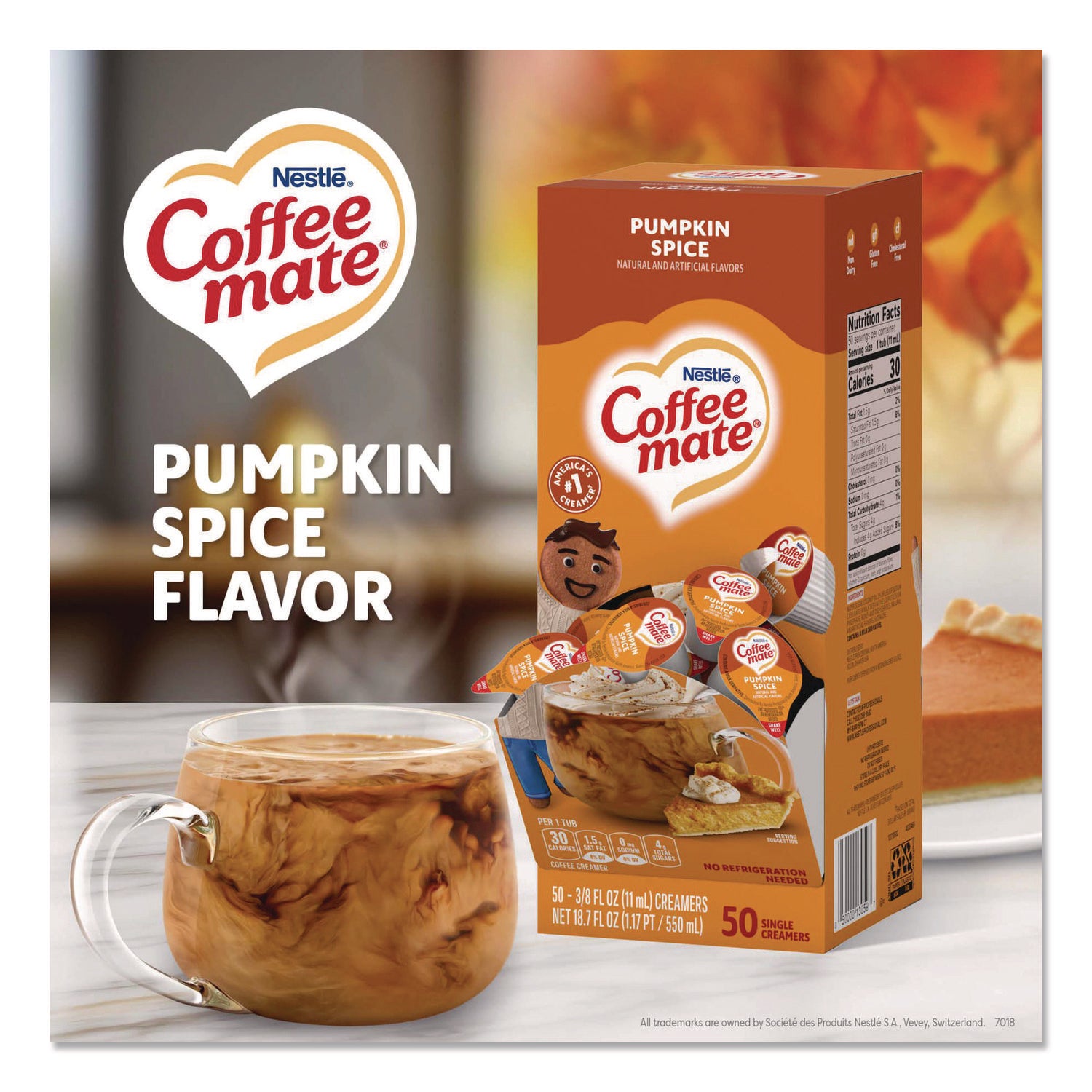 Liquid Coffee Creamer, Pumpkin Spice, 0.38 oz Mini Cups, 50/Box