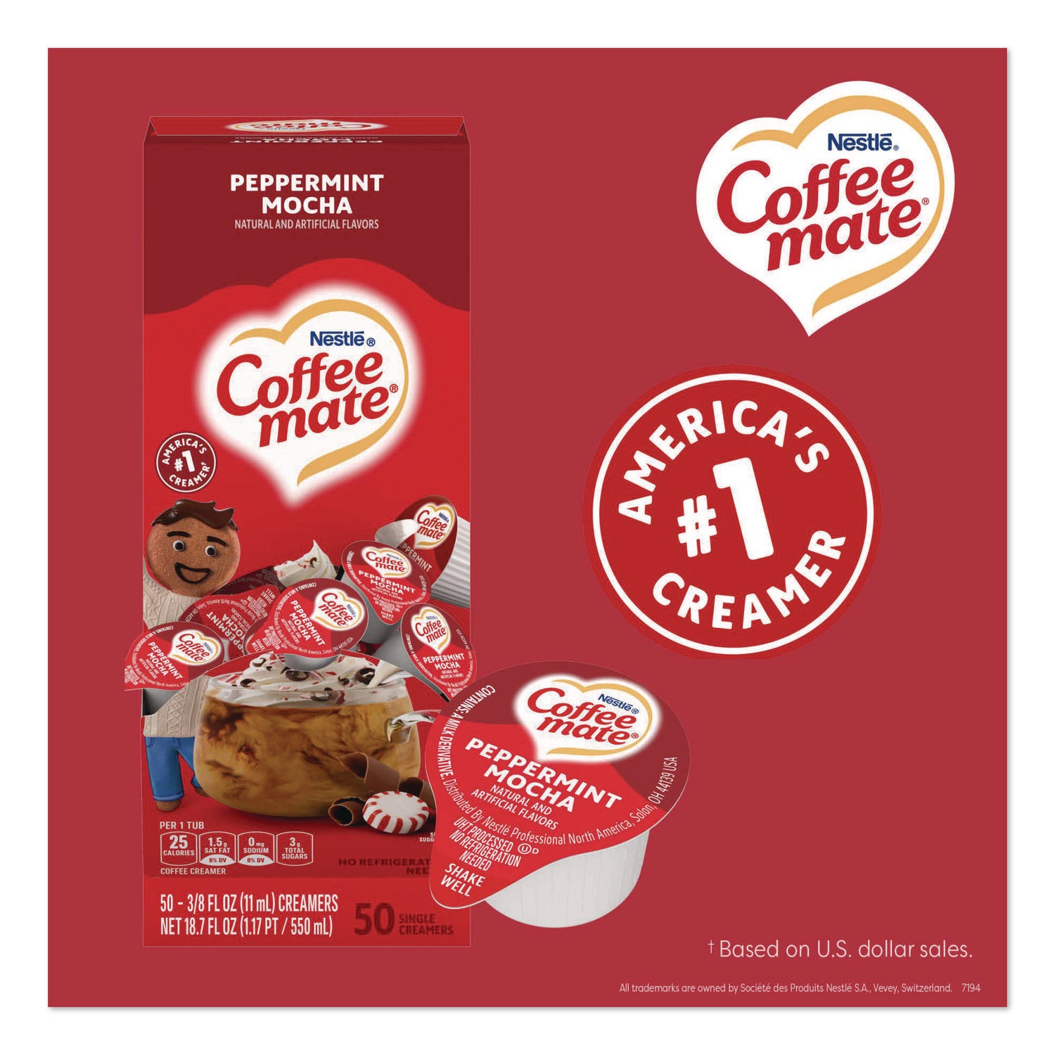 Liquid Coffee Creamer, Peppermint Mocha, 0.38 oz Mini Cups, 50/Box