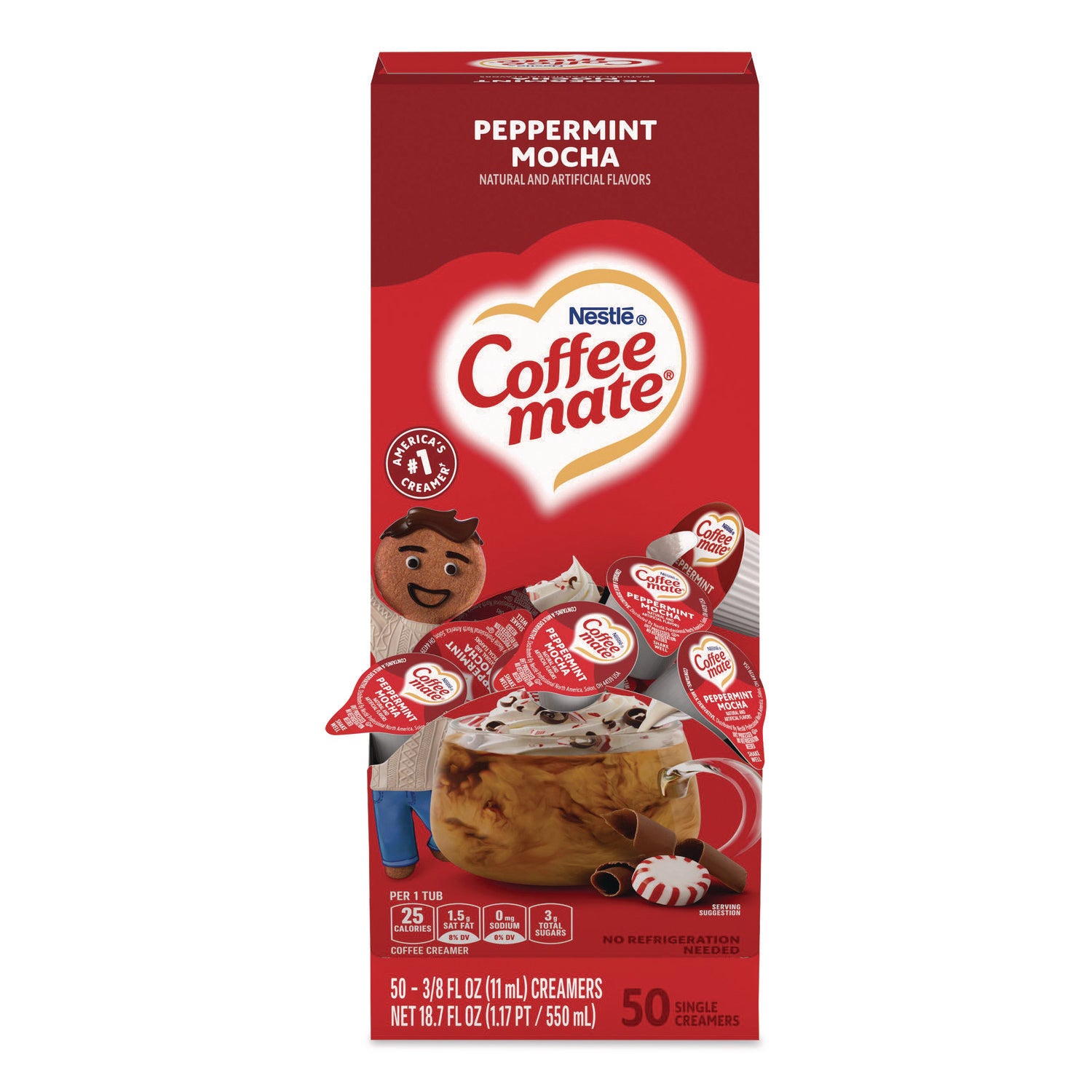 Liquid Coffee Creamer, Peppermint Mocha, 0.38 oz Mini Cups, 50/Box