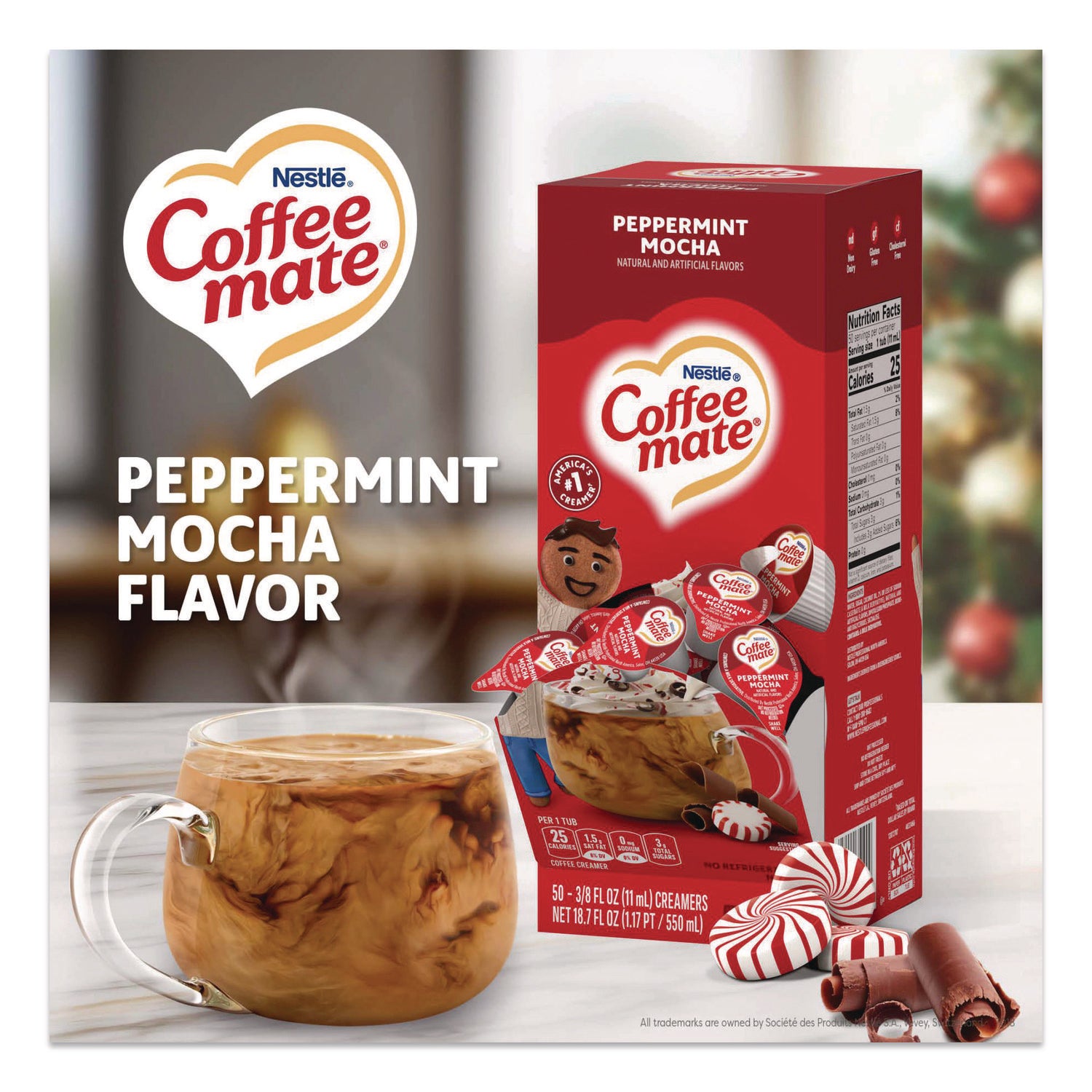 Liquid Coffee Creamer, Peppermint Mocha, 0.38 oz Mini Cups, 50/Box, 4 Boxes/Carton, 200 Total/Carton