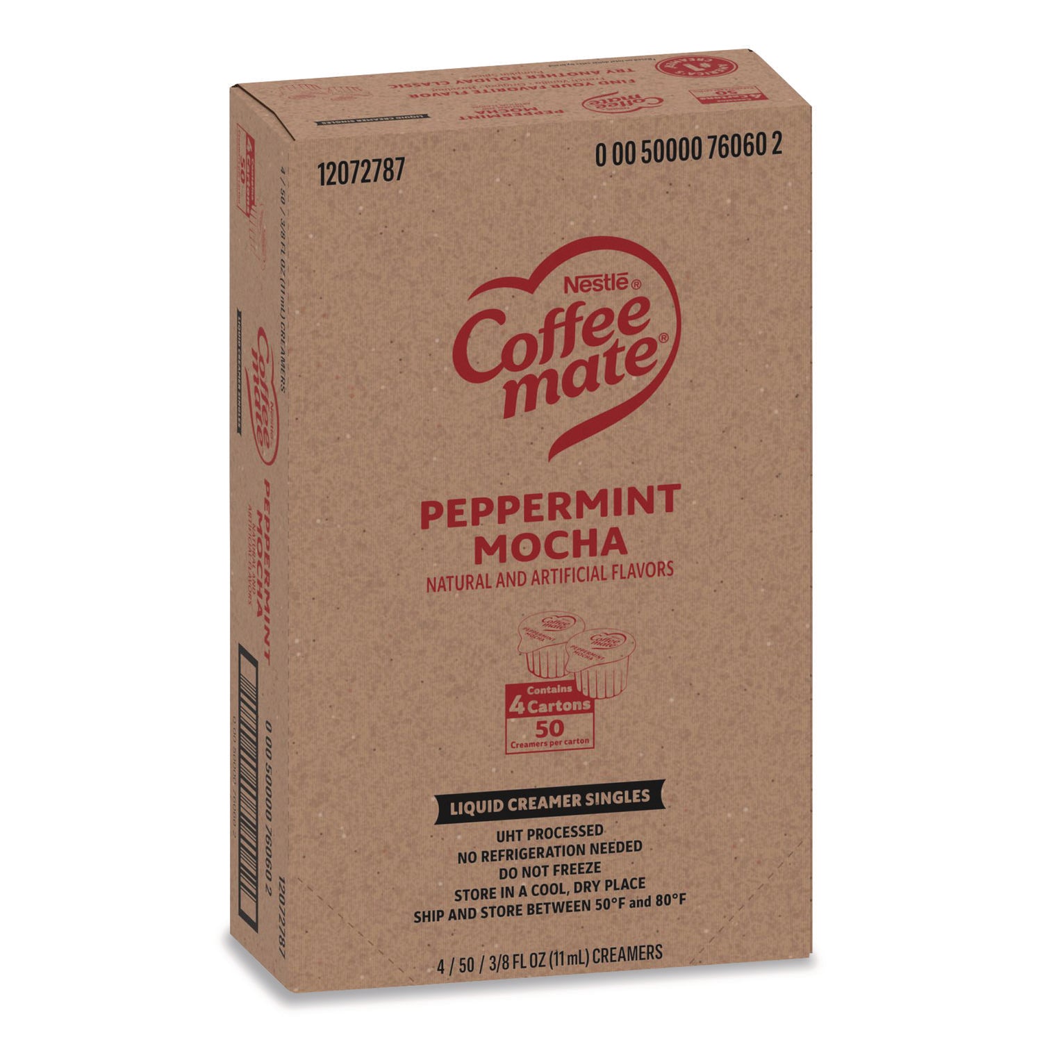 Liquid Coffee Creamer, Peppermint Mocha, 0.38 oz Mini Cups, 50/Box, 4 Boxes/Carton, 200 Total/Carton