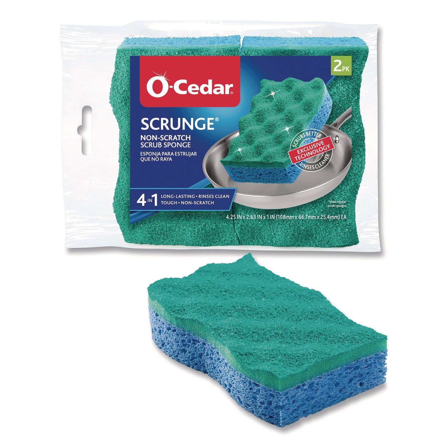 O-Cedar Scrunge Non-Scratch Scrub Sponge - 4.2" Width x 2.6" Depth x 4.2" Length - 2/Pack - Cellulose, Synthetic Fiber - Multi, Blue, Green