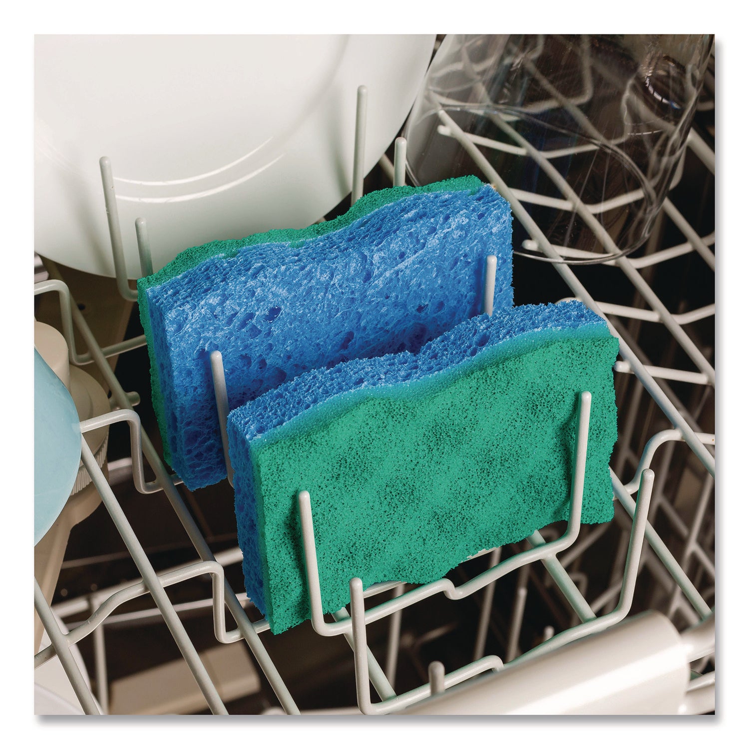 O-Cedar Scrunge Non-Scratch Scrub Sponge - 4.2" Width x 2.6" Depth x 4.2" Length - 2/Pack - Cellulose, Synthetic Fiber - Multi, Blue, Green