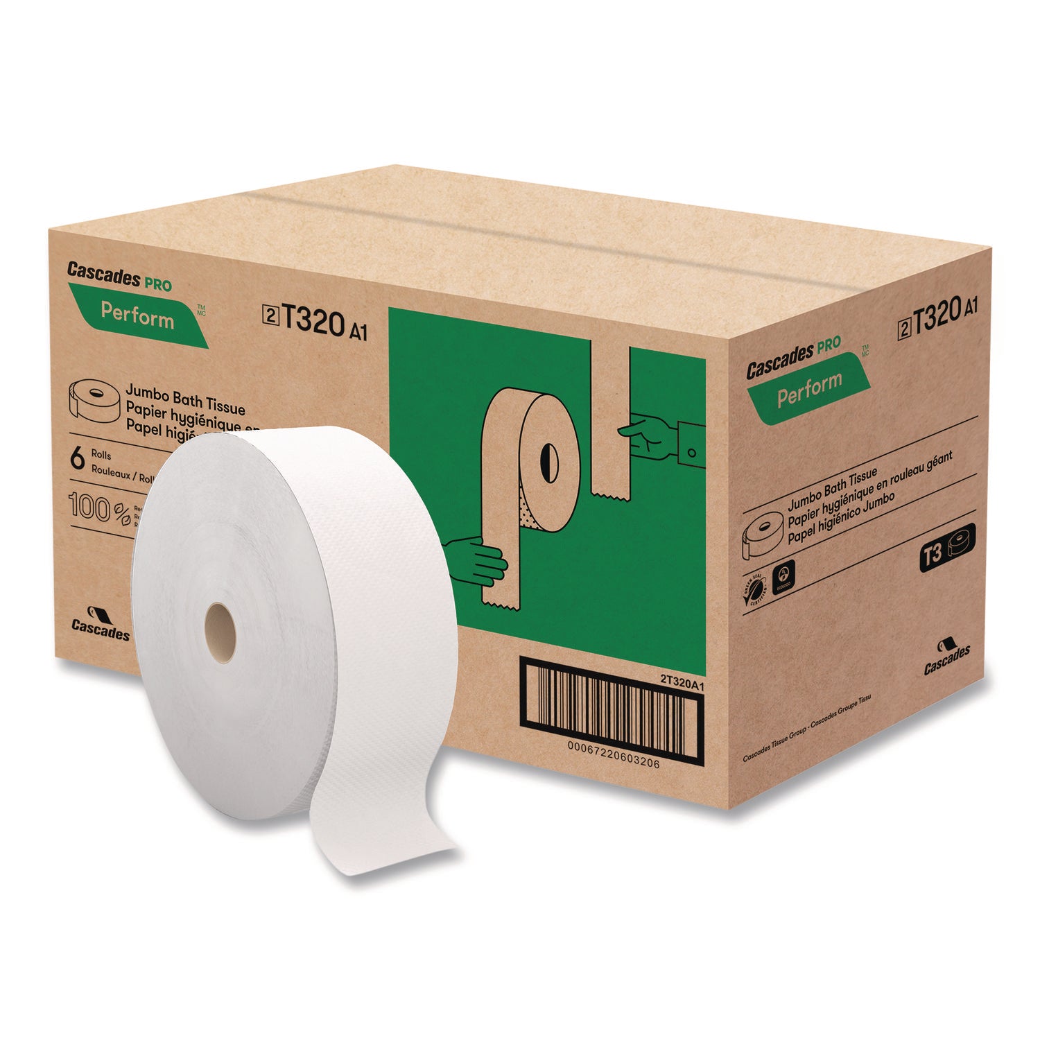 Perform Bath Tissue for Tandem Dispensers, Septic Safe, 2-Ply, White, 3.45" x 1,250 ft, 6 Rolls/Carton