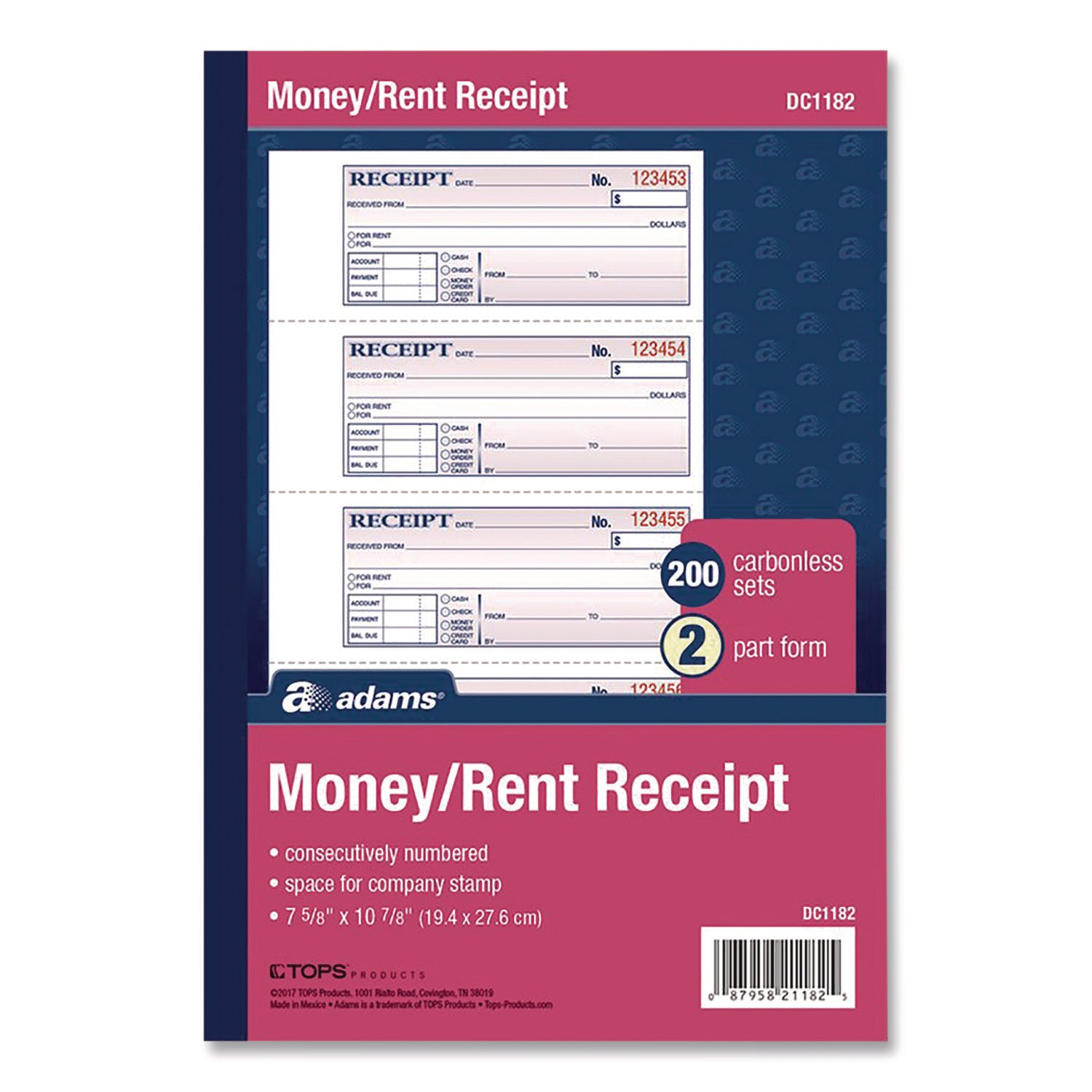 Adams Money/Rent Receipt Book - 200 Sheet(s) - Tape Bound - 2 PartCarbonless Copy - 7.62" x 11" Sheet Size - White - 1 Each