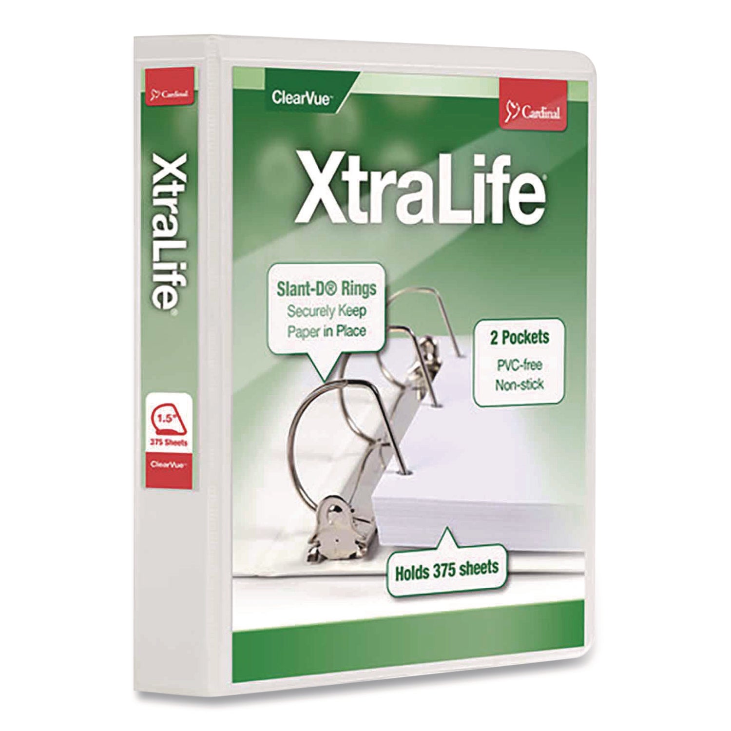 XtraLife ClearVue Non-Stick Locking Slant-D Ring Binder, 3 Rings, 1.5" Capacity, 11 x 8.5, White