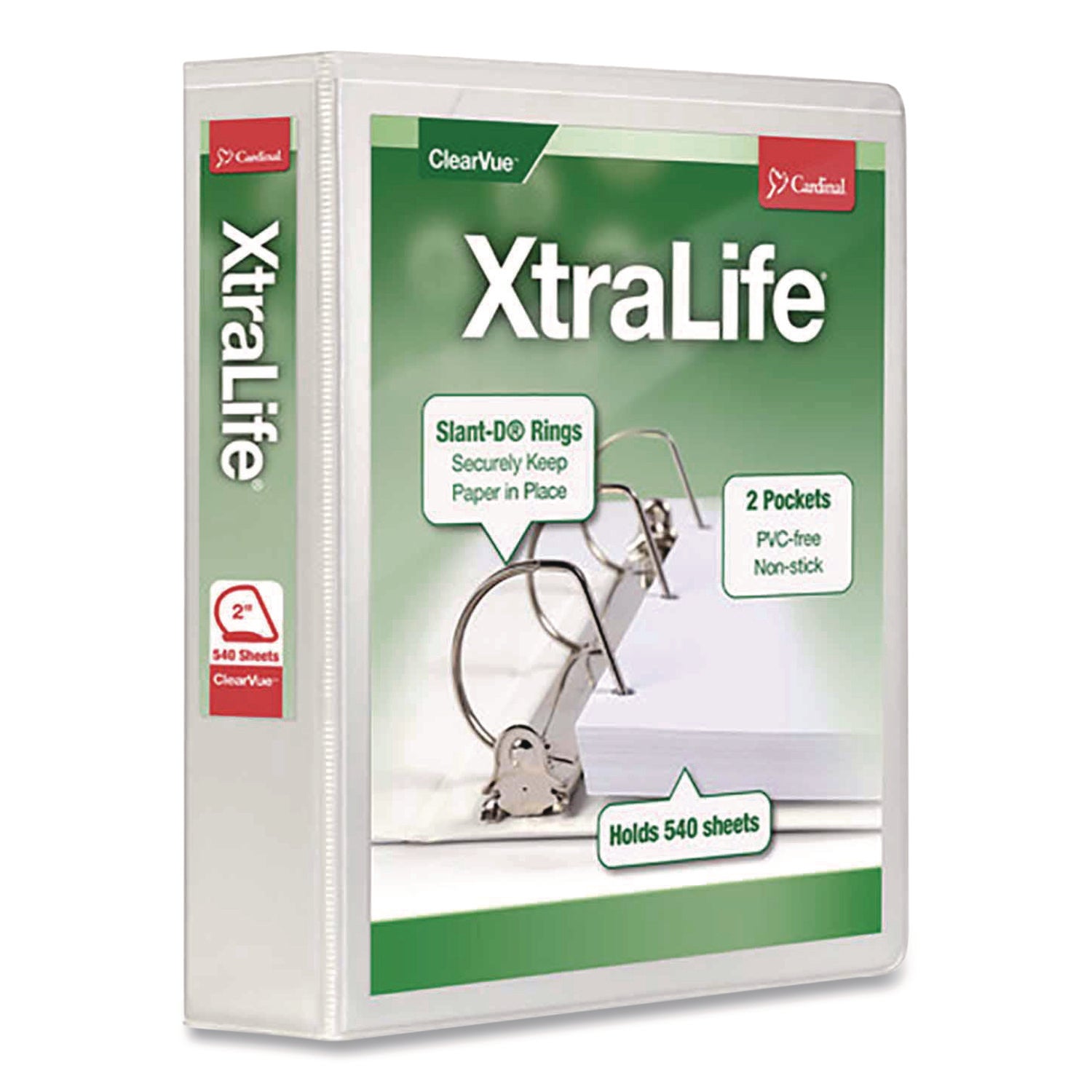 XtraLife ClearVue Non-Stick Locking Slant-D Ring Binder, 3 Rings, 2" Capacity, 11 x 8.5, White
