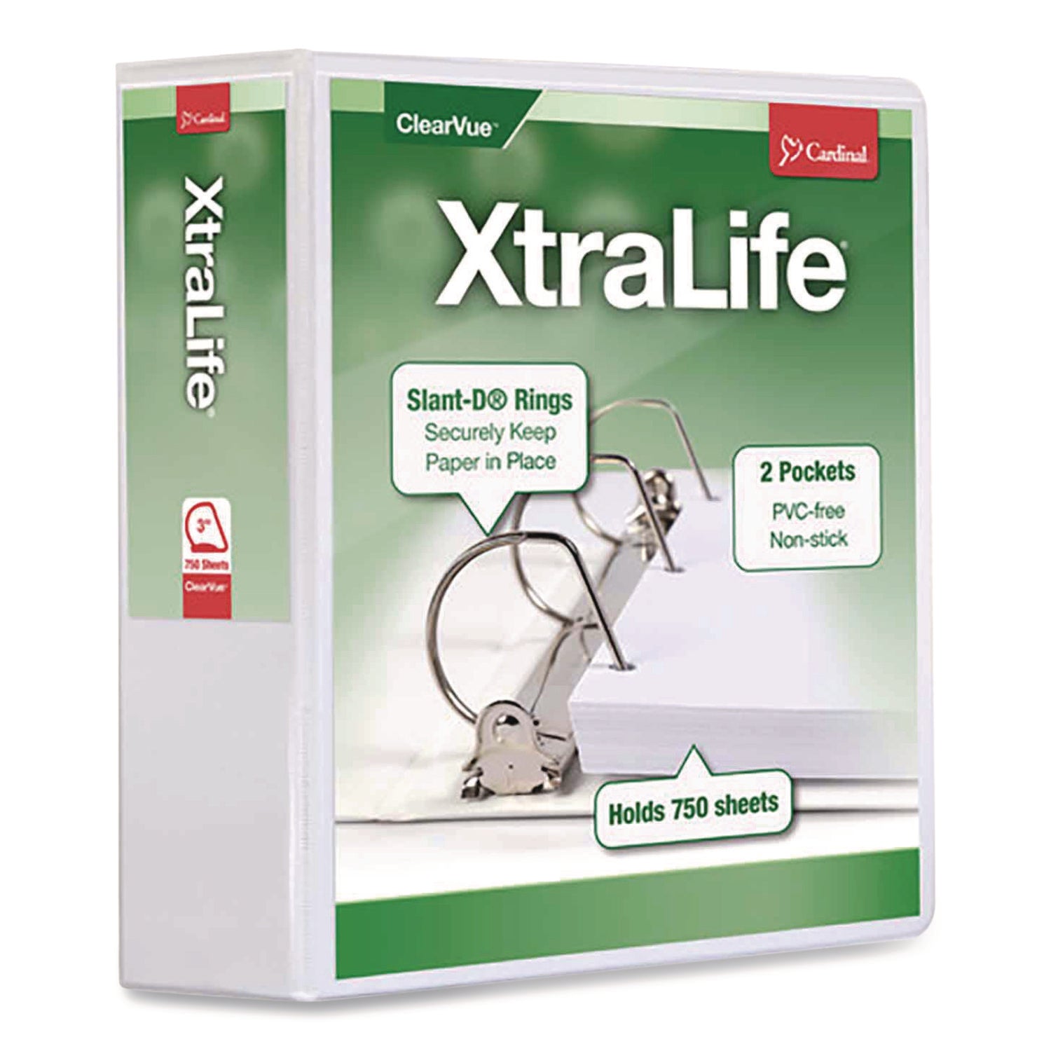XtraLife ClearVue Non-Stick Locking Slant-D Ring Binder, 3 Rings, 3" Capacity, 11 x 8.5, White