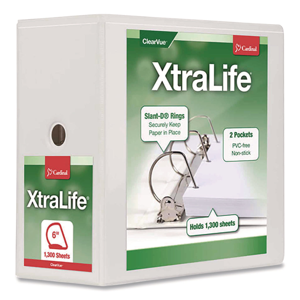 Cardinal Xtralife ClearVue Locking Slant-D Binders - 6" Binder Capacity - Letter - 8 1/2" x 11" Sheet Size - 1300 Sheet Capacity - 5 1/2" Spine Width - 3 x D-Ring Fastener(s) - 2 Inside Front & Back Pocket(s) - Polyolefin - White - 2.25 lb - Recycled