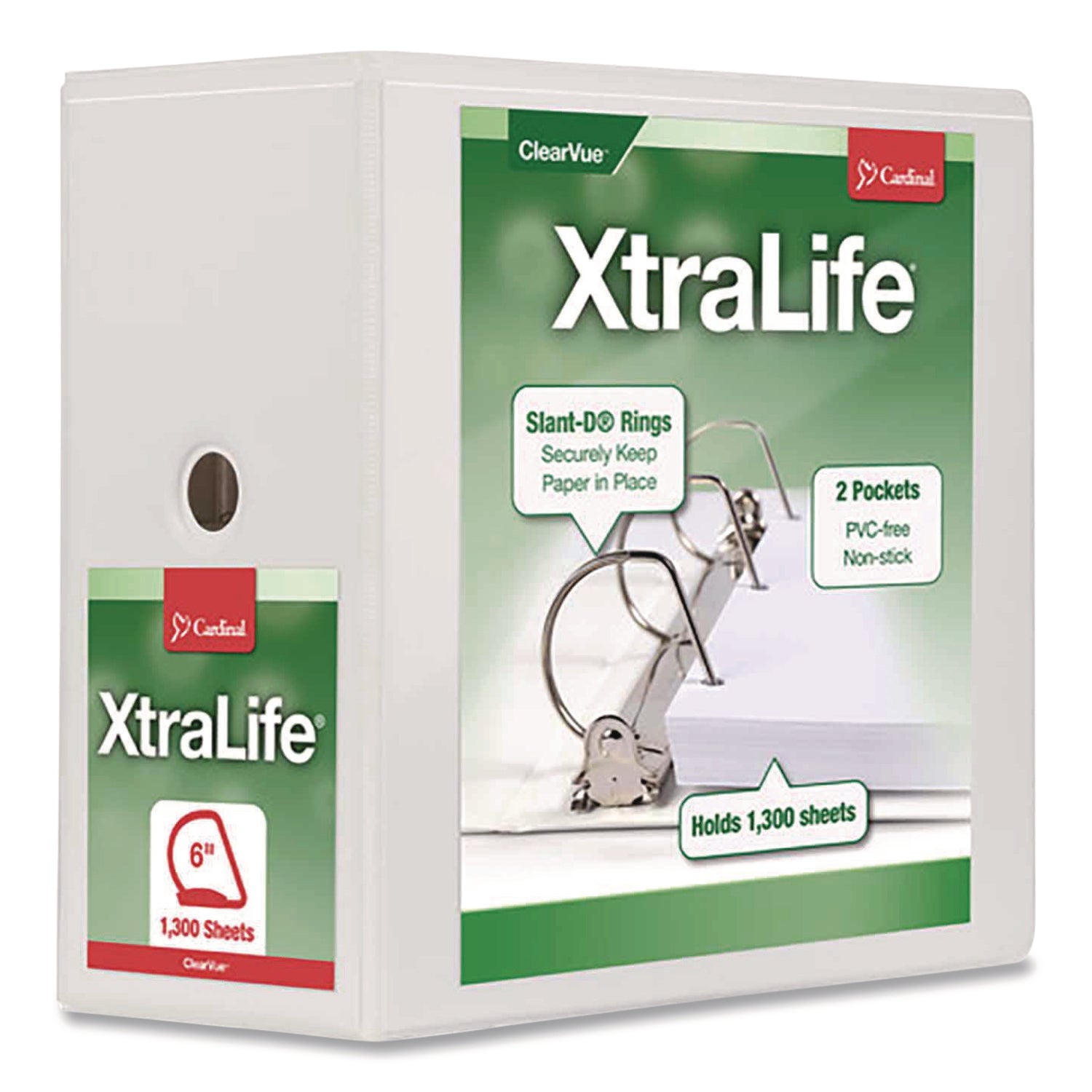 Cardinal Xtralife ClearVue Locking Slant-D Binders - 6" Binder Capacity - Letter - 8 1/2" x 11" Sheet Size - 1300 Sheet Capacity - 5 1/2" Spine Width - 3 x D-Ring Fastener(s) - 2 Inside Front & Back Pocket(s) - Polyolefin - White - 2.25 lb - Recycled