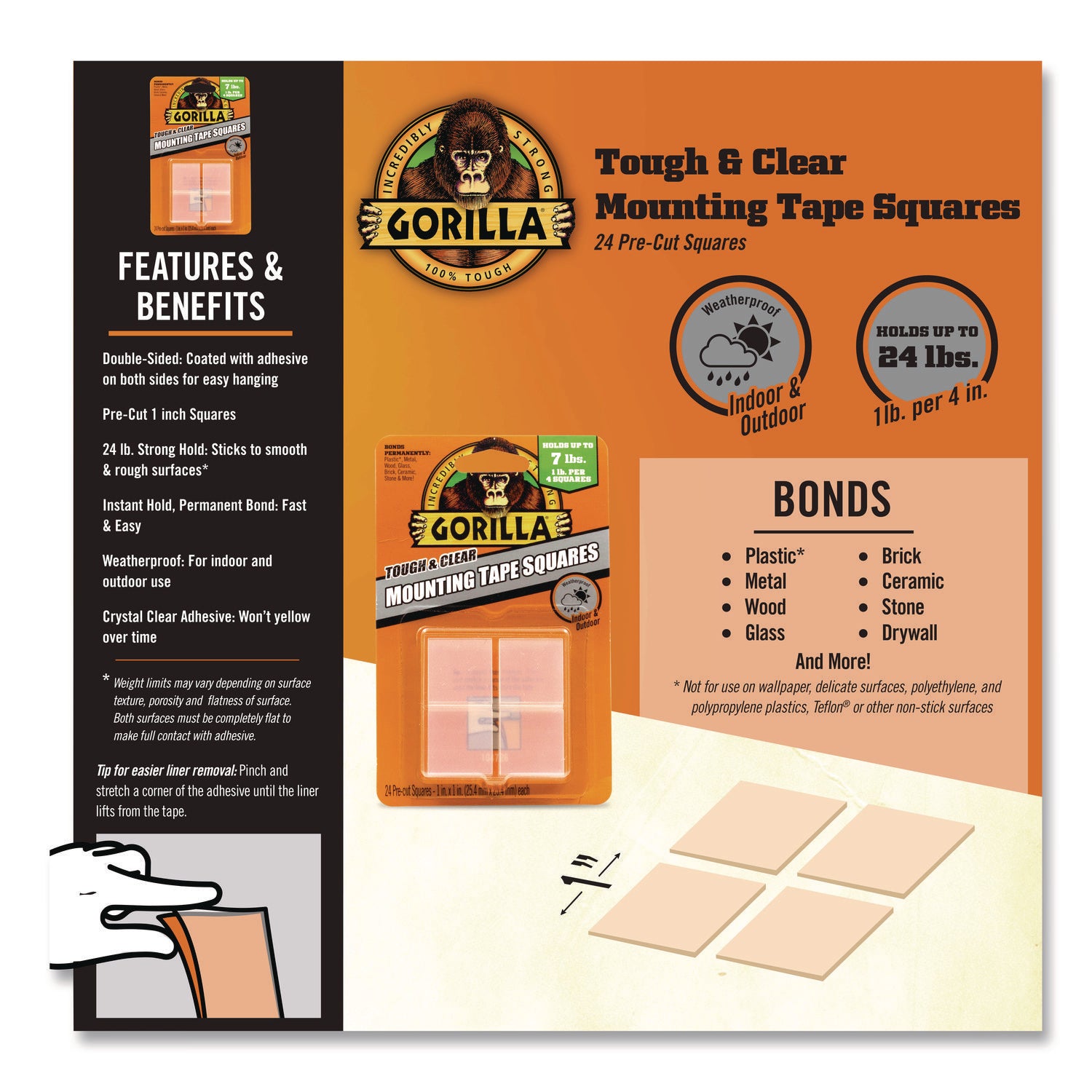 Tough and Clear Double-Sided Mounting Tape, Holds Up to 0.58 lb per Pair (Up to 7 lb per 24), 1" x 1", Clear, 24/Pack