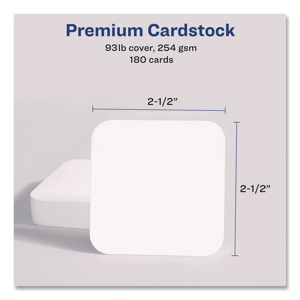 Avery Clean Edge Square Cards, Rounded Corners, 2.5" x 2.5" (35702) - 110 Brightness - 8 1/2" x 11" - 93 lb Basis Weight - 254 g/m2 Grammage - Matte - 180 / Pack - Printable, Rounded Corner, Die-cut, Smooth Edge, Print-to-the-edge, Perforat