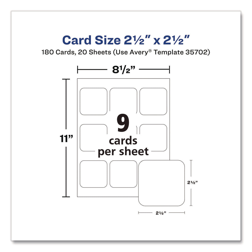 Avery Clean Edge Square Cards, Rounded Corners, 2.5" x 2.5" (35702) - 110 Brightness - 8 1/2" x 11" - 93 lb Basis Weight - 254 g/m2 Grammage - Matte - 180 / Pack - Printable, Rounded Corner, Die-cut, Smooth Edge, Print-to-the-edge, Perforat