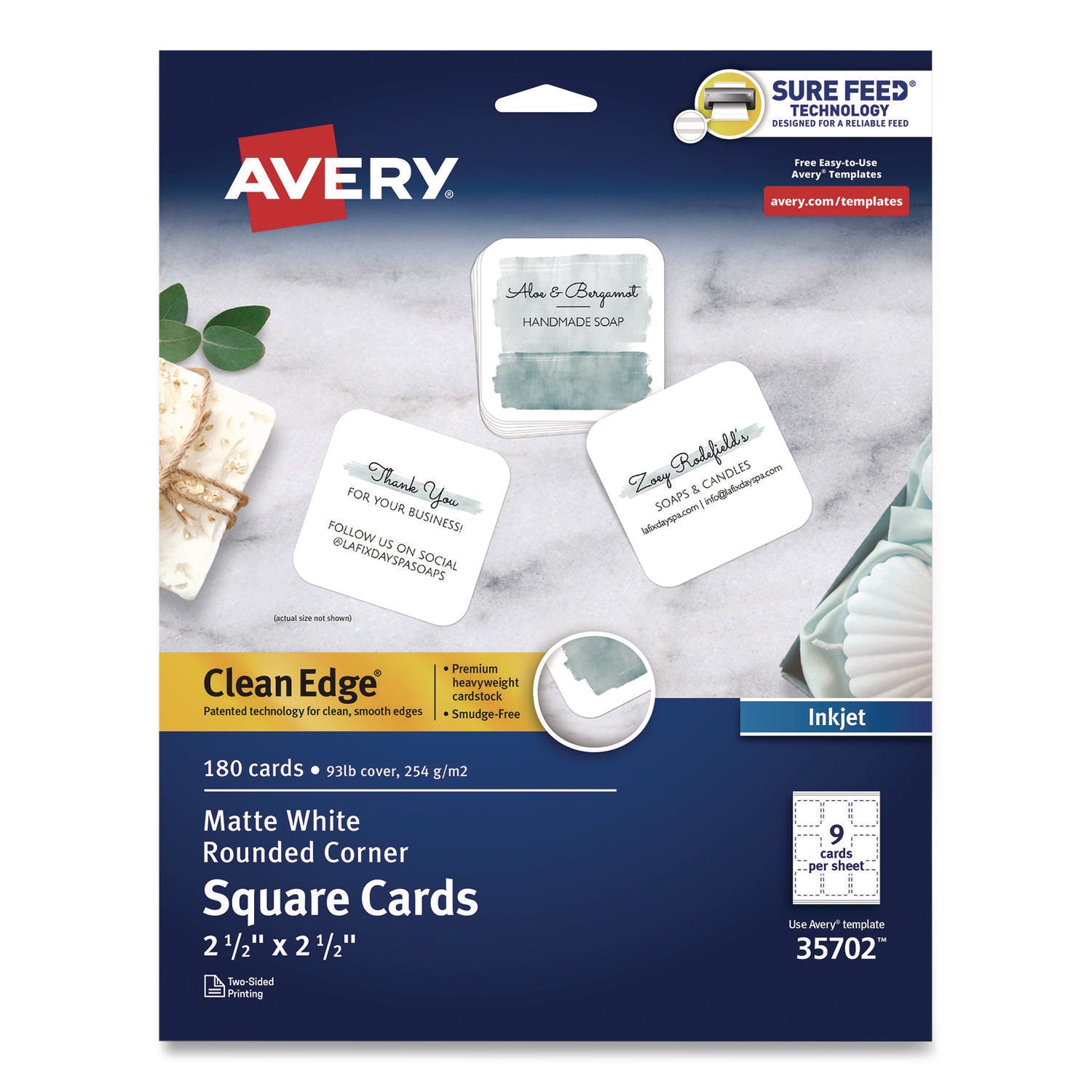 Avery Clean Edge Square Cards, Rounded Corners, 2.5" x 2.5" (35702) - 110 Brightness - 8 1/2" x 11" - 93 lb Basis Weight - 254 g/m2 Grammage - Matte - 180 / Pack - Printable, Rounded Corner, Die-cut, Smooth Edge, Print-to-the-edge, Perforat