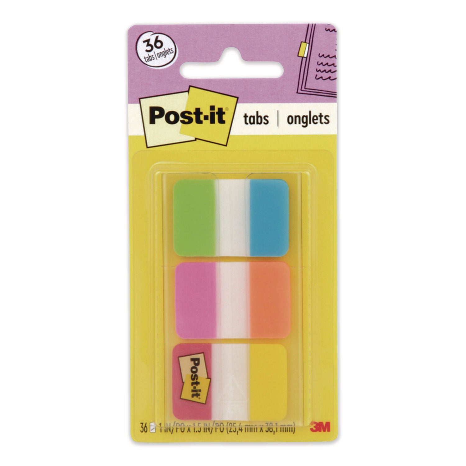 Post-it Alternating Tabs - 36 Tab(s) - 1" Tab Height x 1.50" Tab Width - Self-adhesive - Green Poly, Orange, Red, Yellow, Pink, Blue Tab(s) - 36 / Pack