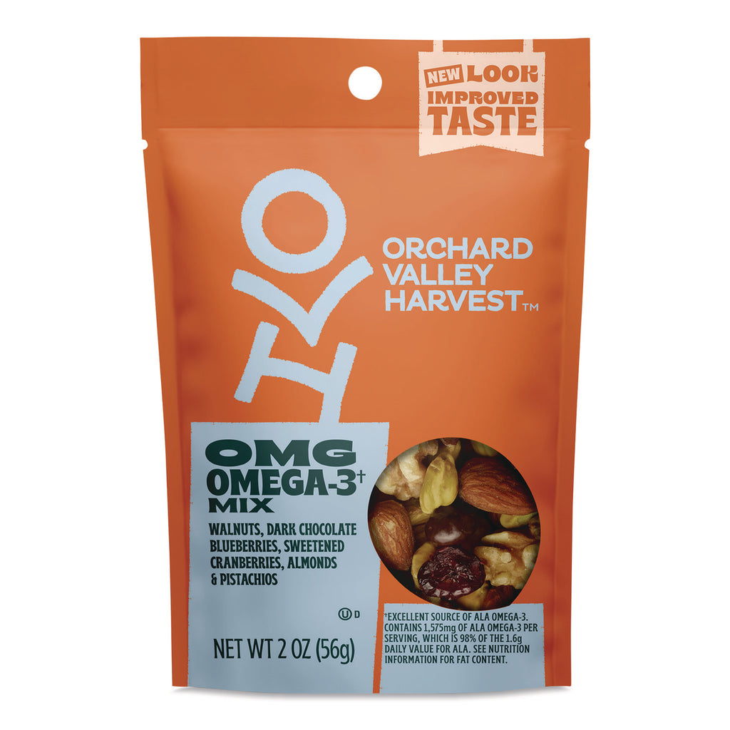 Orchard Valley Harvest OMG Omega-3 Mix - Gluten-free, No Artificial Color, No Artificial Flavor, Preservative-free, Resealable Bag - Crunch, Walnut, Dried Cranberries, Pistachio, Almond - 1 Serving Bag - 2 oz - 14 / Carton