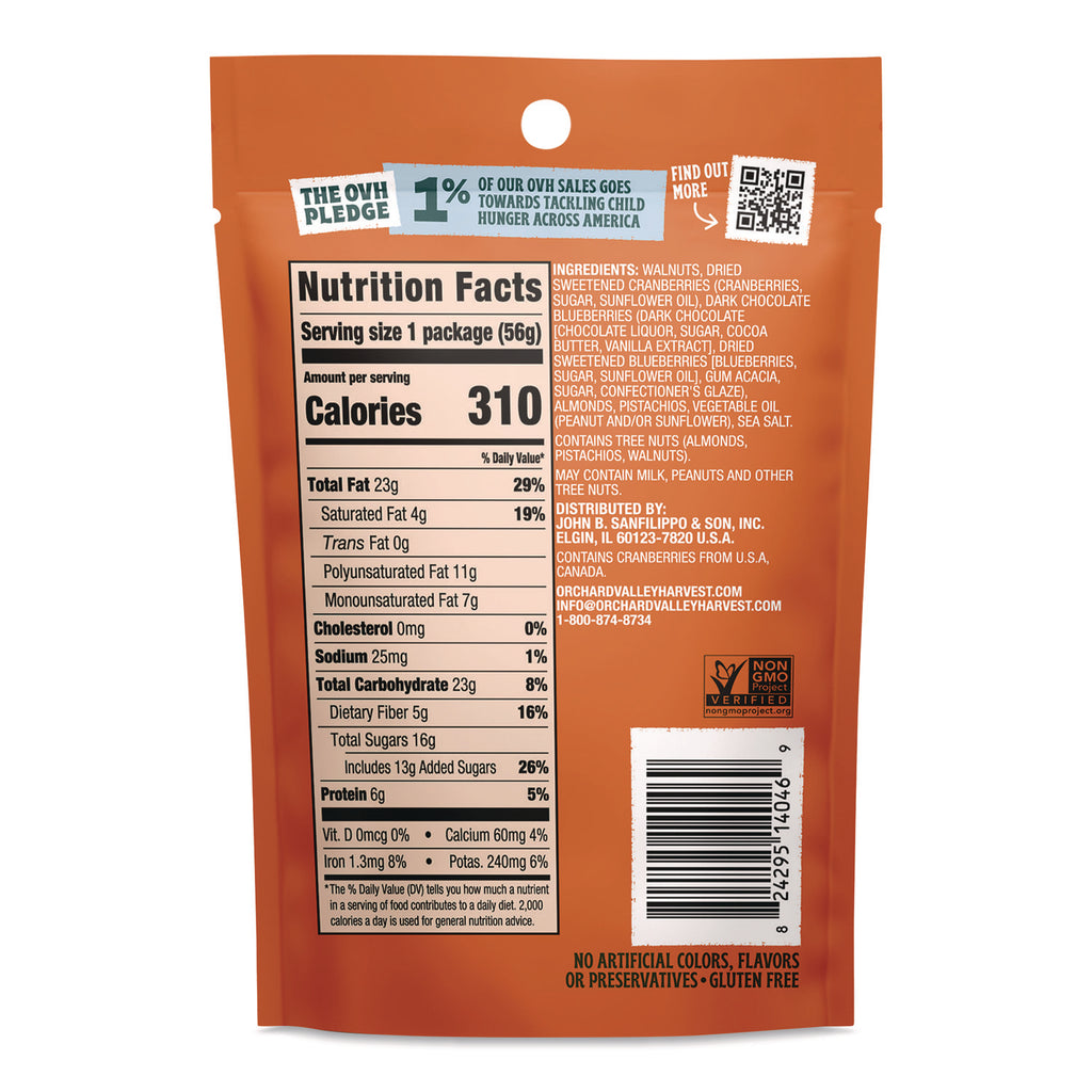 Orchard Valley Harvest OMG Omega-3 Mix - Gluten-free, No Artificial Color, No Artificial Flavor, Preservative-free, Resealable Bag - Crunch, Walnut, Dried Cranberries, Pistachio, Almond - 1 Serving Bag - 2 oz - 14 / Carton