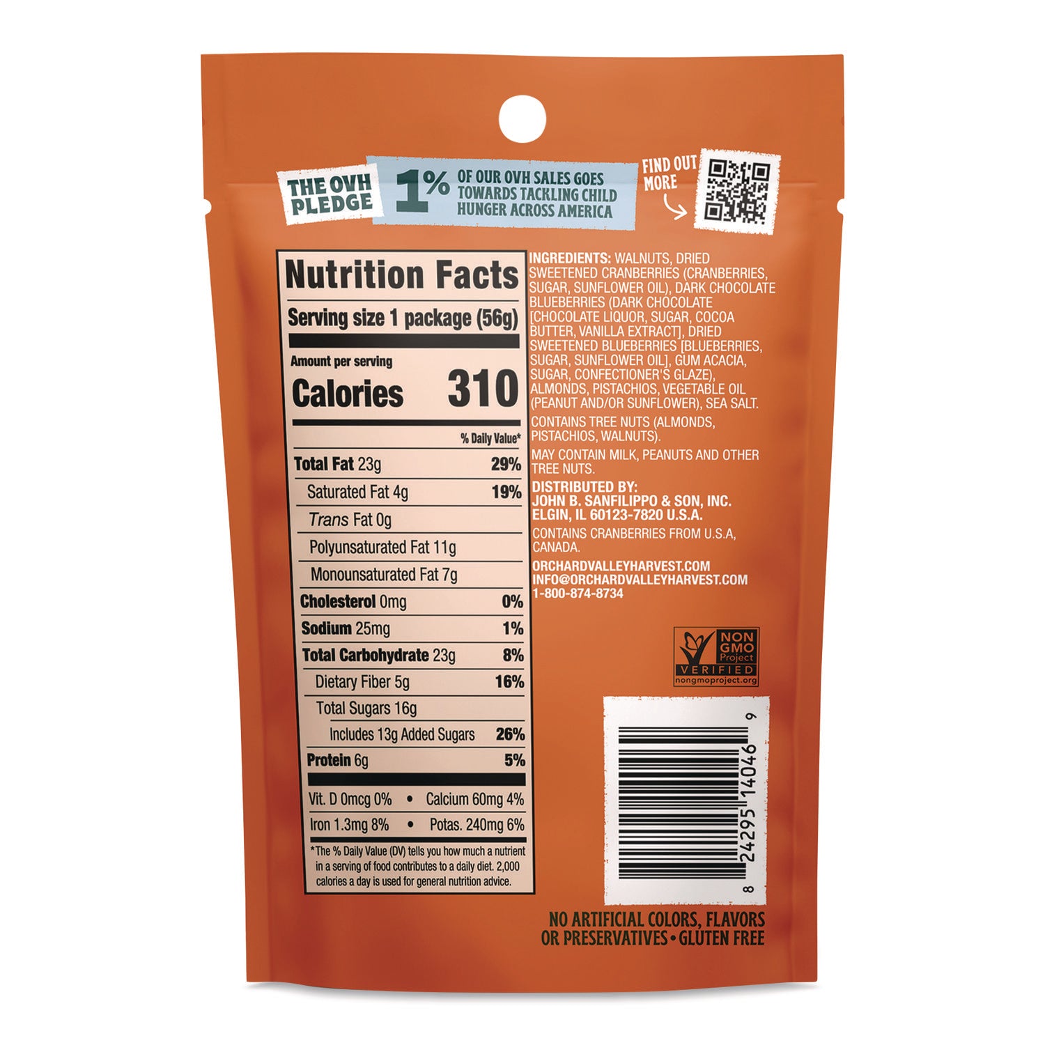 Orchard Valley Harvest OMG Omega-3 Mix - Gluten-free, No Artificial Color, No Artificial Flavor, Preservative-free, Resealable Bag - Crunch, Walnut, Dried Cranberries, Pistachio, Almond - 1 Serving Bag - 2 oz - 14 / Carton