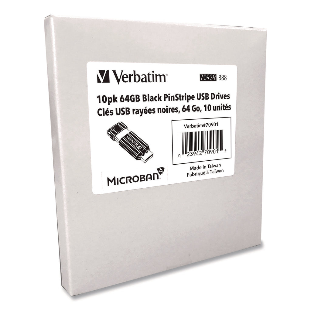 Microban 64GB PinStripe USB Flash Drive - Business 10pk - Black - 64 GB - USB 2.0 Type A - Black - 10 / Pack