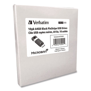 Microban 64GB PinStripe USB Flash Drive - Business 10pk - Black - 64 GB - USB 2.0 Type A - Black - 10 / Pack