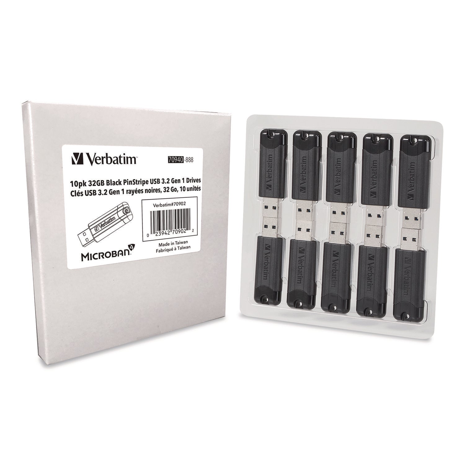 Microban 32GB PinStripe USB 3.2 Flash Drive Business Pack - 32 GB - USB 3.2 (Gen 1) Type A - Black - Lifetime Warranty - 10 / Pack