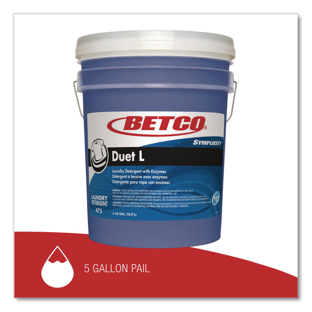 Betco Symplicity Duet L Detergent With Bleach Alternative, 5 Gallon - Ready-To-Use - 640 fl oz (20 quart) - 720 oz (45 lb) - Fresh Scent - Washable, Temperature Resistant, Color Safe, Dirt Resistant, Stain Resistant, Low VOC, EDTA-free, APE-free, NPE
