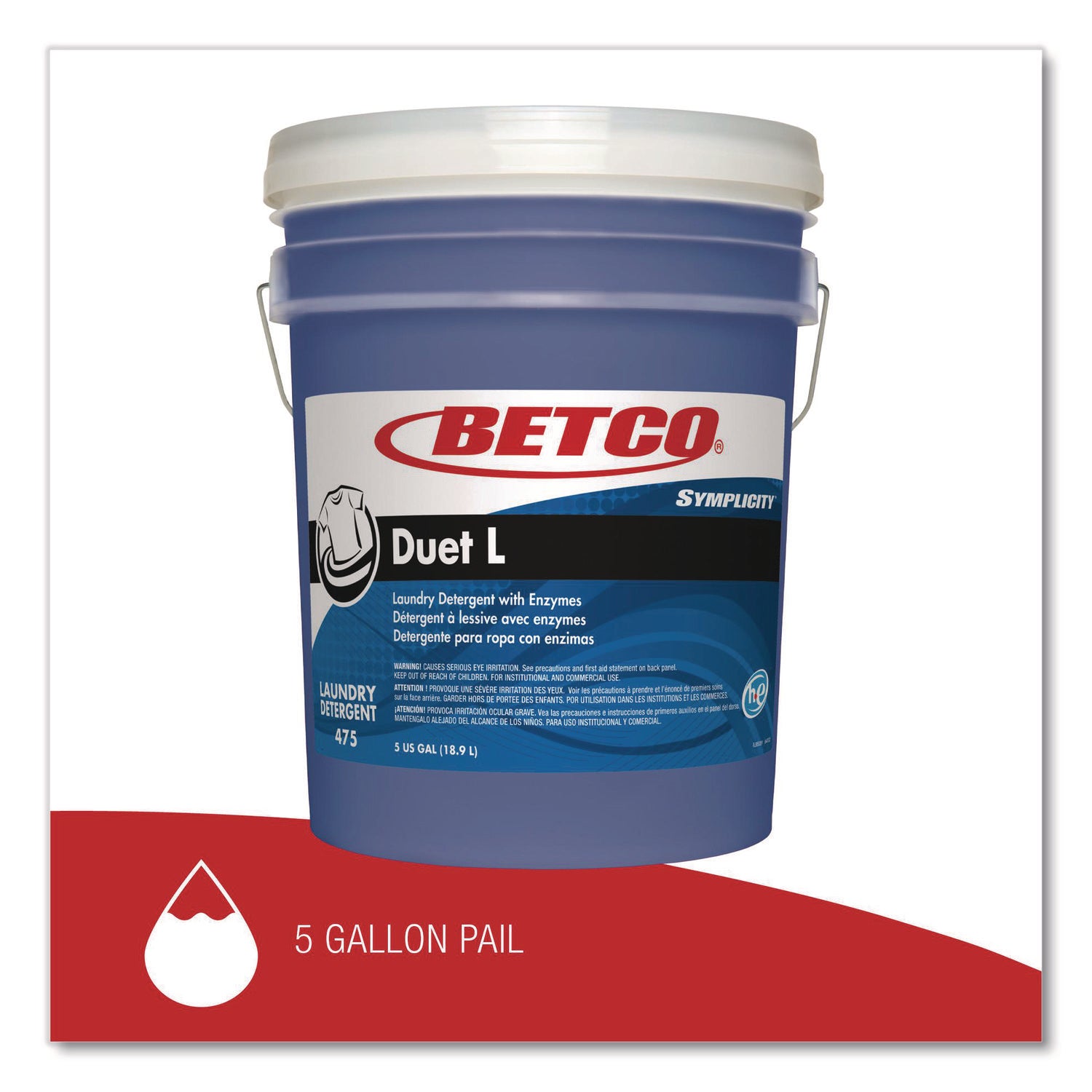 Betco Symplicity Duet L Detergent With Bleach Alternative, 5 Gallon - Ready-To-Use - 640 fl oz (20 quart) - 720 oz (45 lb) - Fresh Scent - Washable, Temperature Resistant, Color Safe, Dirt Resistant, Stain Resistant, Low VOC, EDTA-free, APE-free, NPE