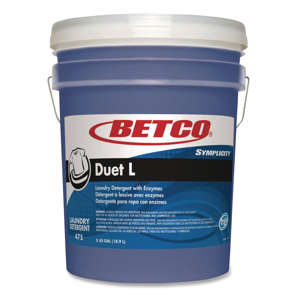 Betco Symplicity Duet L Detergent With Bleach Alternative, 5 Gallon - Ready-To-Use - 640 fl oz (20 quart) - 720 oz (45 lb) - Fresh Scent - Washable, Temperature Resistant, Color Safe, Dirt Resistant, Stain Resistant, Low VOC, EDTA-free, APE-free, NPE