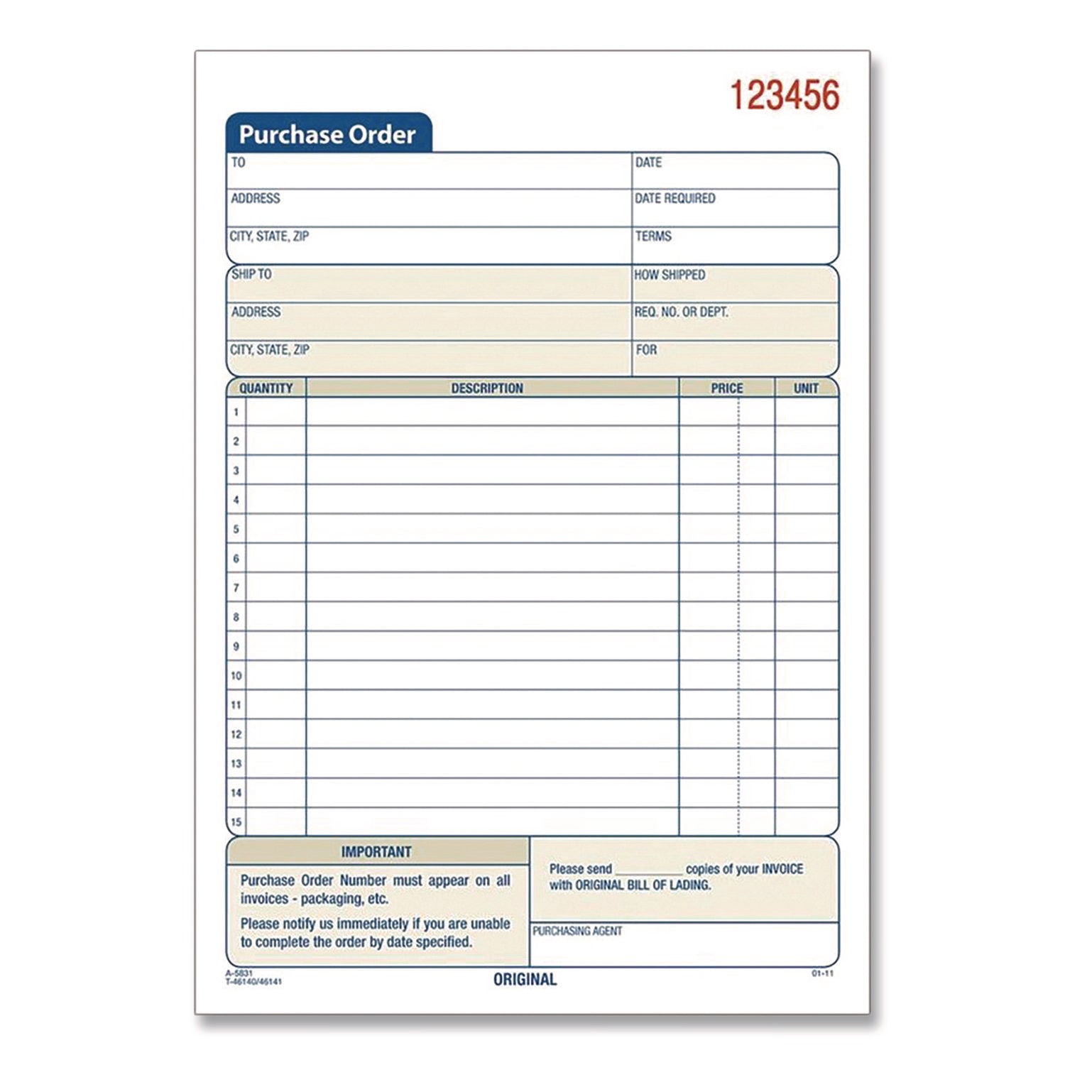 Adams Carbonless Purchase Order Statement - Tape Bound - 2 PartCarbonless Copy - 5.56" x 8.43" Sheet Size - 2 x Holes - White, Canary - Assorted Sheet(s) - 1 Each
